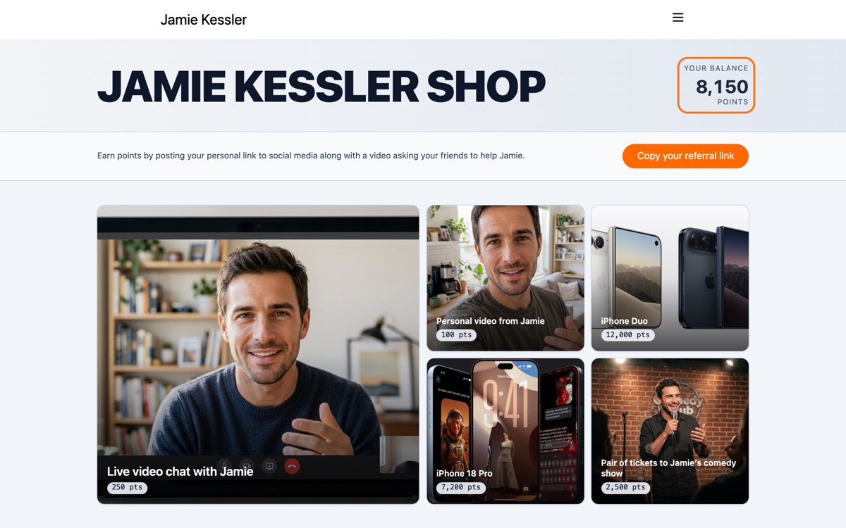 A shop page showing a balance of 8,150 points, with experiences with Jamie and Apple iPhones